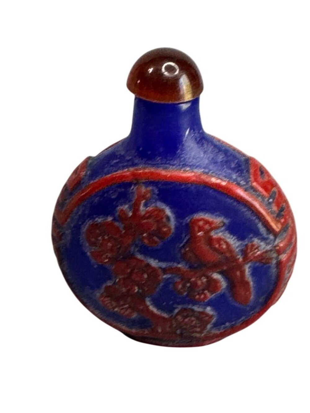 Chinese Snuff Bottle Blue Red Porcelain Relief Bird Floral 2.5" - Picture 2 of 10